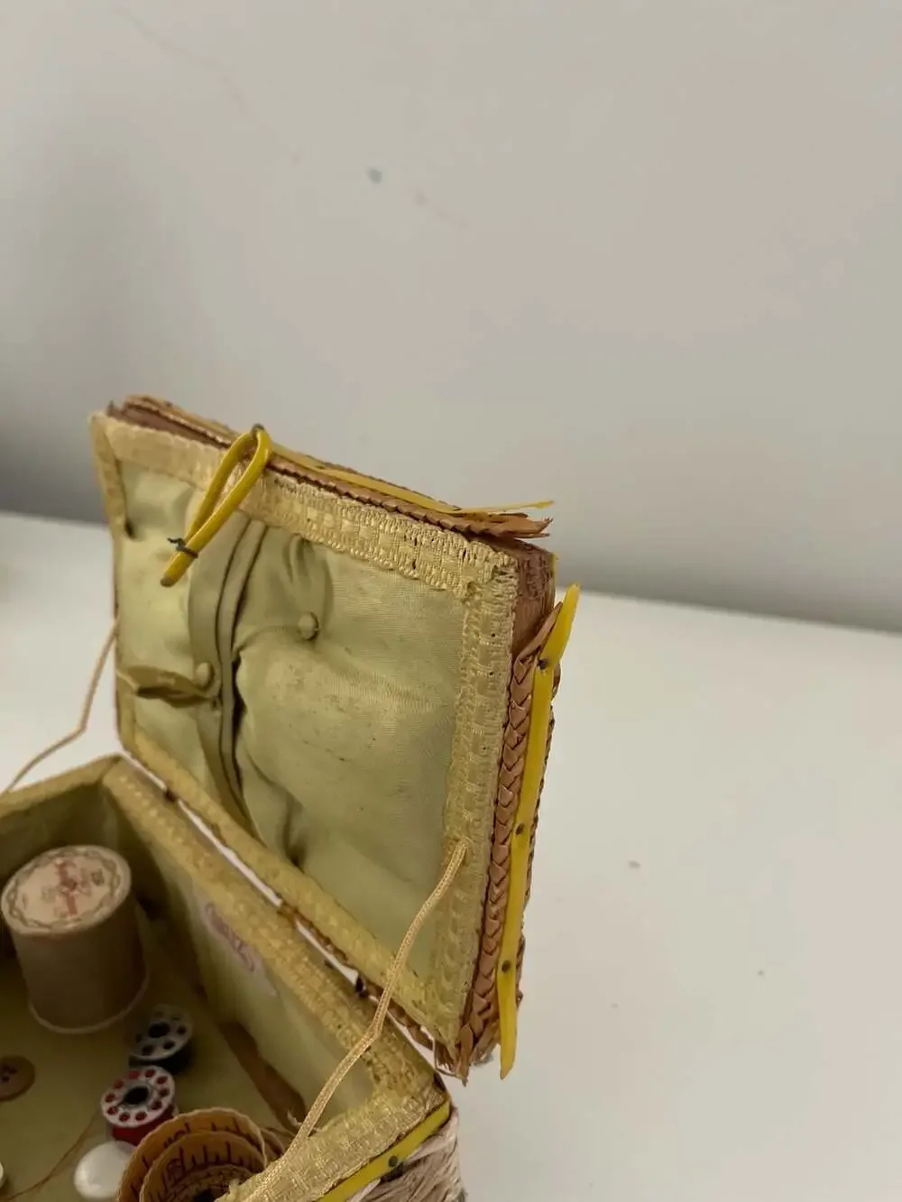 Vintage Dritz Woven Wicker Sewing Basket with Quilted Satin Lining Bright Yellow
